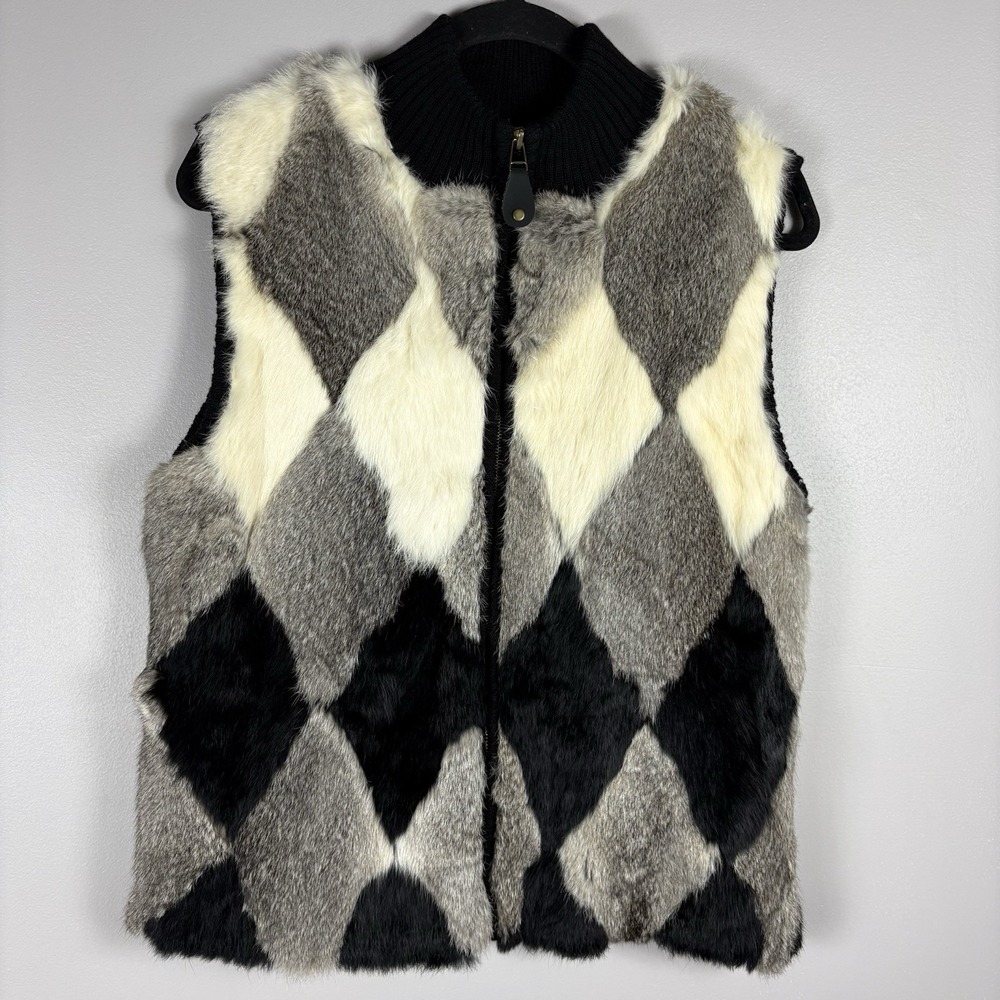 Rochelle California Adult M Black White Argyle Genuine Rabbit Fur Full Zip Vest